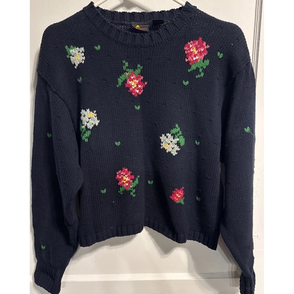 Vintage Liz Sport Floral Sweater Womens Large Cropped Knit Pullover Grandma Y2K